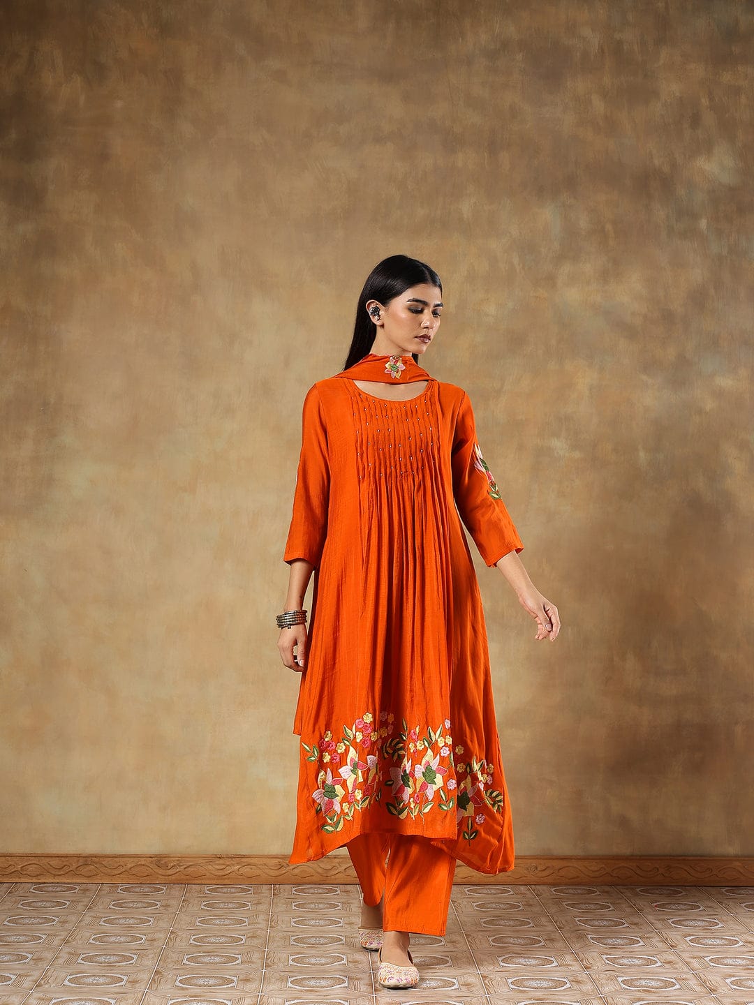Reha Orange Silk Embroidered 3-Piece Set