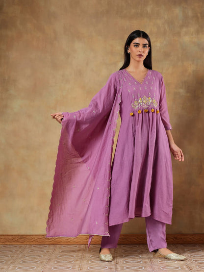 Suhaira Mul Cotton Chanderi Hand-Embroidered 3-Piece Set