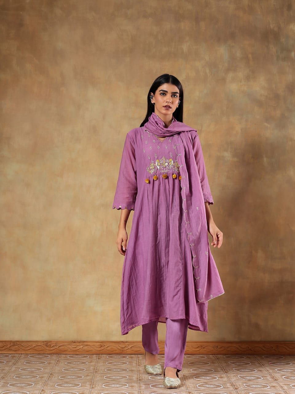 Suhaira Mul Cotton Chanderi Hand-Embroidered 3-Piece Set