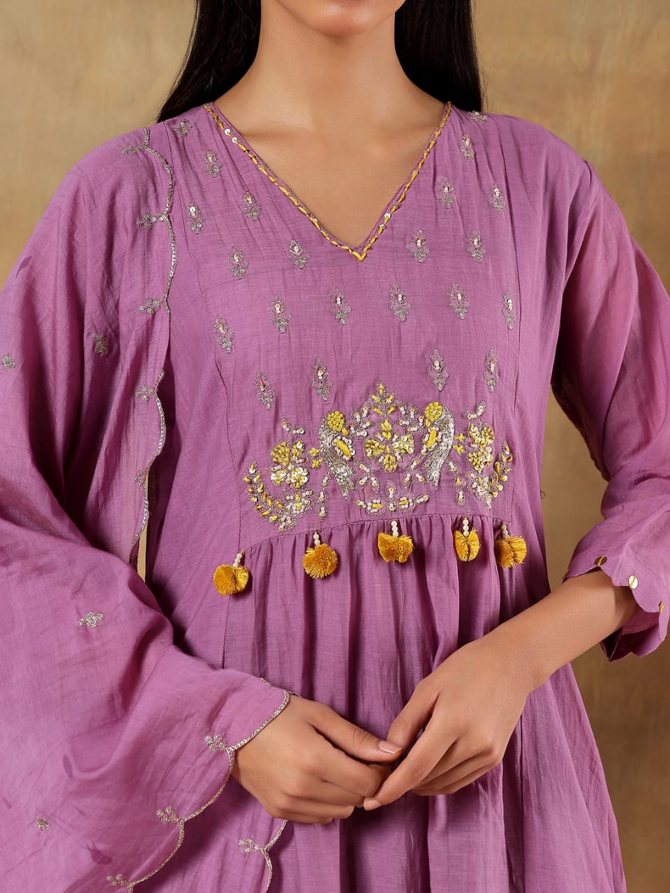 Suhaira Mul Cotton Chanderi Hand-Embroidered 3-Piece Set