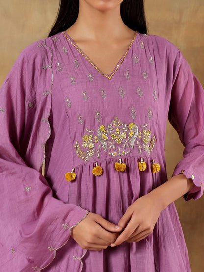 Suhaira Mul Cotton Chanderi Hand-Embroidered 3-Piece Set