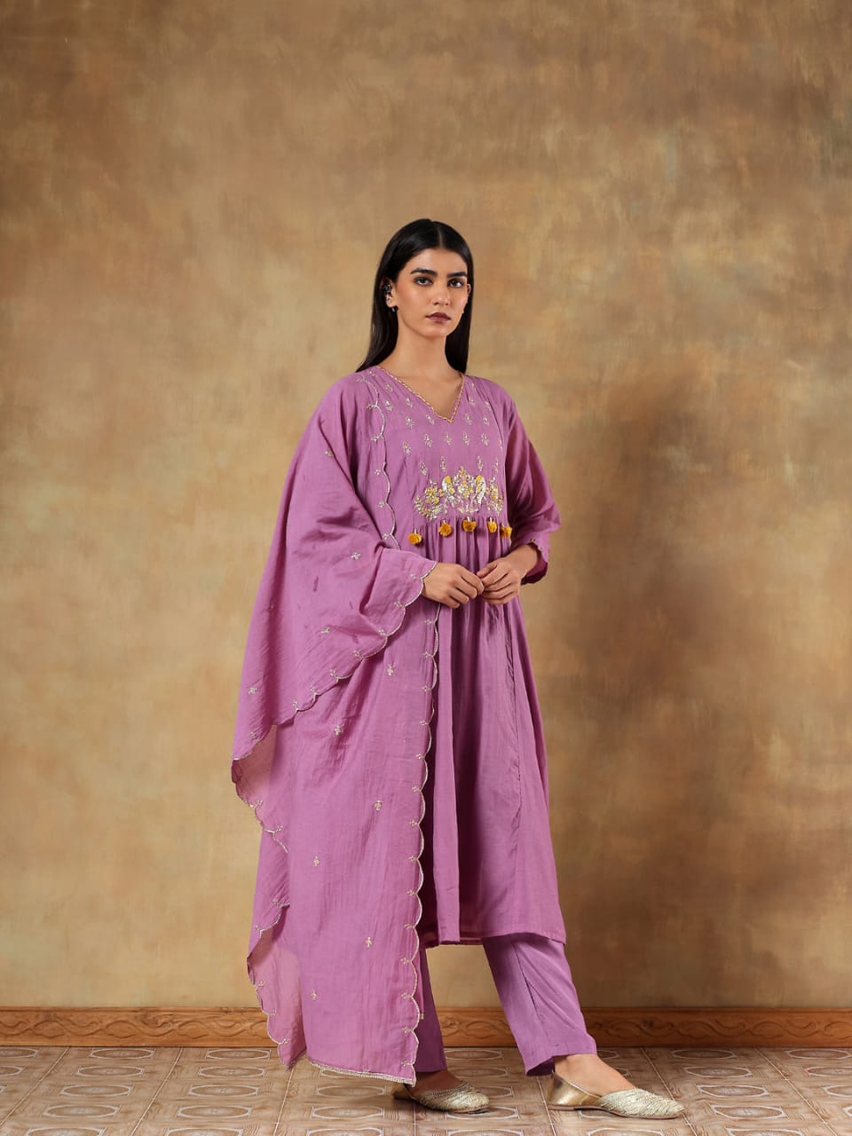 Suhaira Mul Cotton Chanderi Hand-Embroidered 3-Piece Set