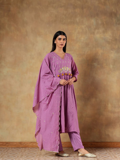 Suhaira Mul Cotton Chanderi Hand-Embroidered 3-Piece Set