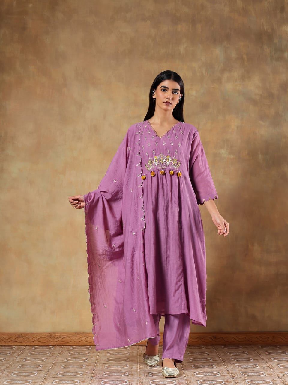 Suhaira Mul Cotton Chanderi Hand-Embroidered 3-Piece Set