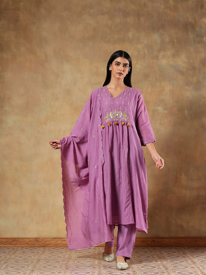 Suhaira Mul Cotton Chanderi Hand-Embroidered 3-Piece Set
