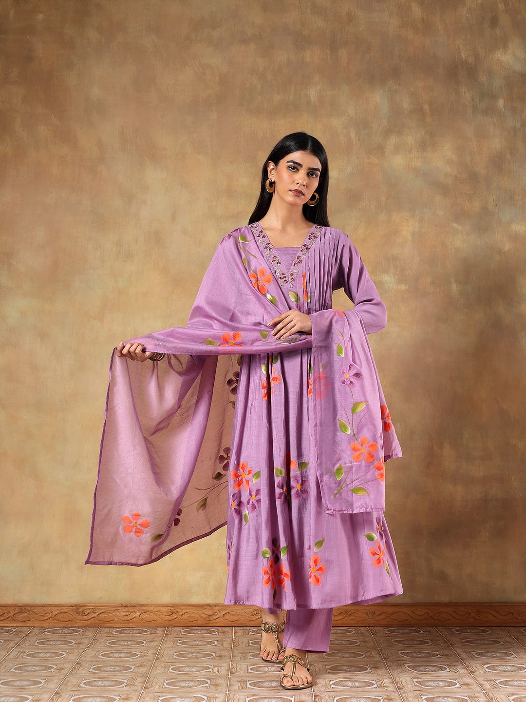 Tavisha Purple Mul Chanderi Hand-Embroidered 3-Piece Set