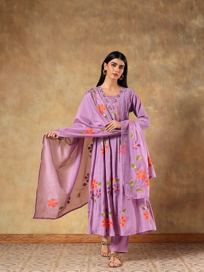 Tavisha Purple Mul Chanderi Hand-Embroidered 3-Piece Set