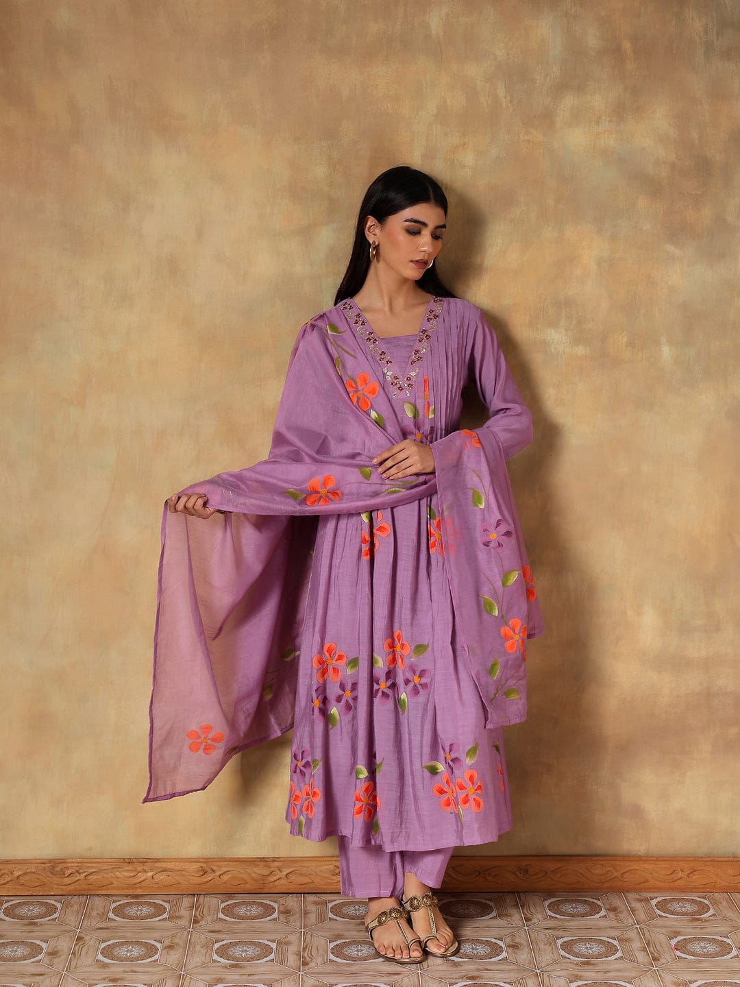 Tavisha Purple Mul Chanderi Hand-Embroidered 3-Piece Set