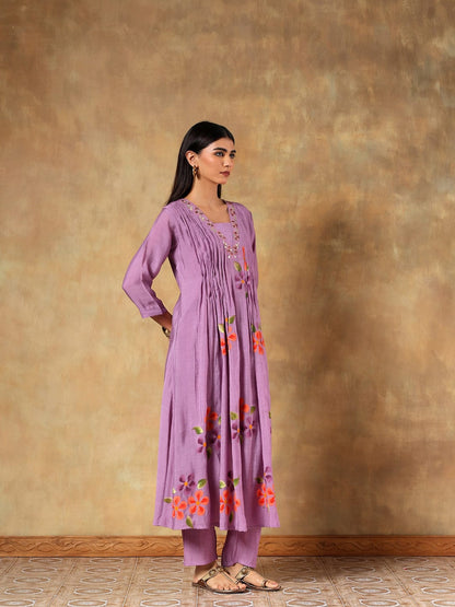 Tavisha Purple Mul Chanderi Hand-Embroidered 3-Piece Set