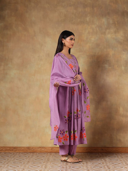 Tavisha Purple Mul Chanderi Hand-Embroidered 3-Piece Set