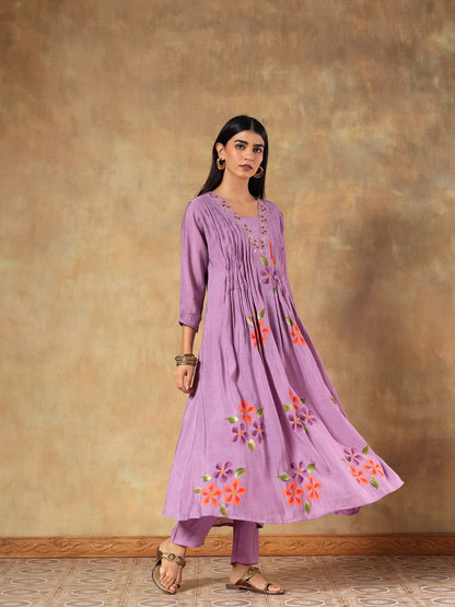 Tavisha Purple Mul Chanderi Hand-Embroidered 3-Piece Set
