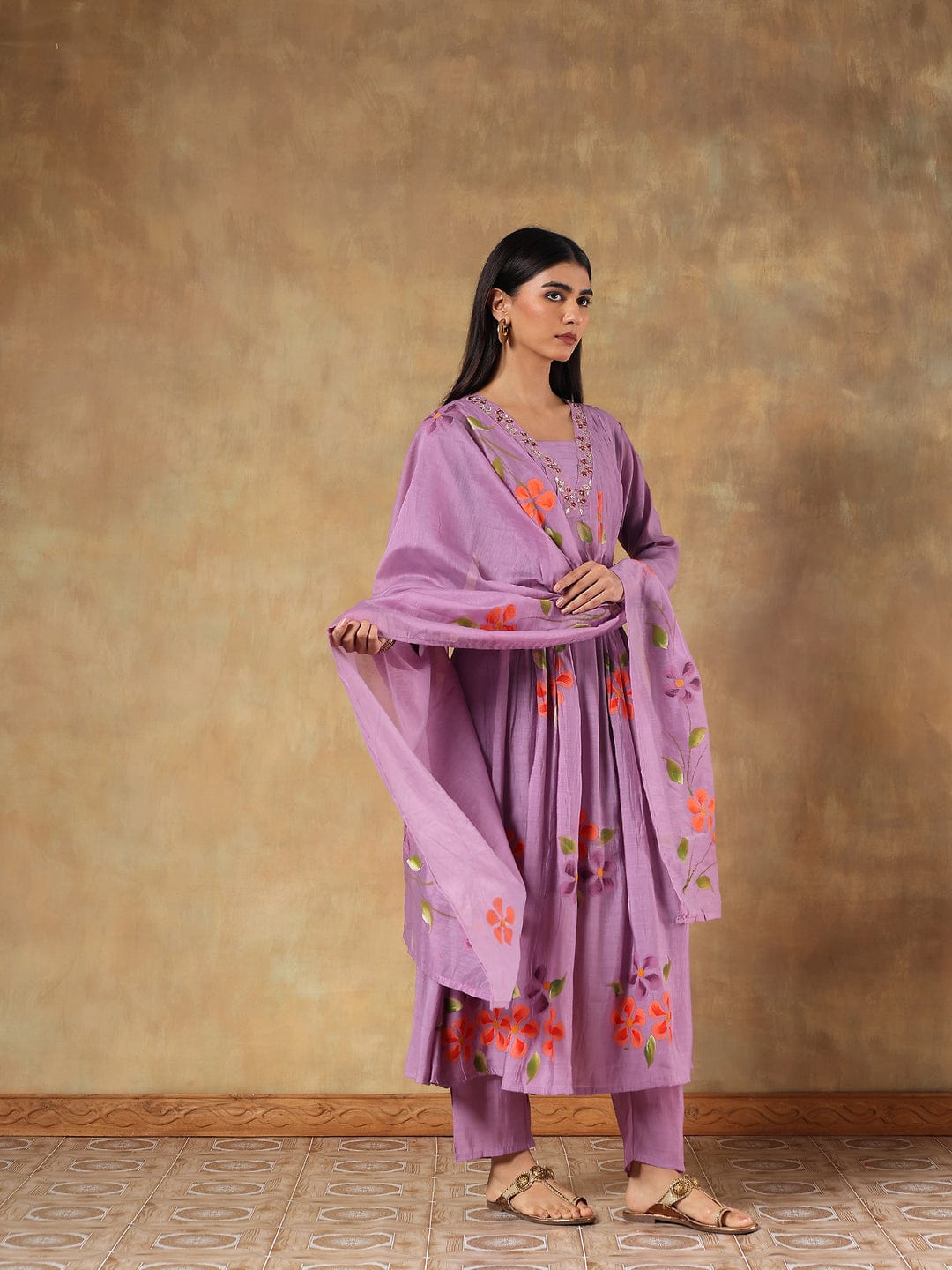 Tavisha Purple Mul Chanderi Hand-Embroidered 3-Piece Set