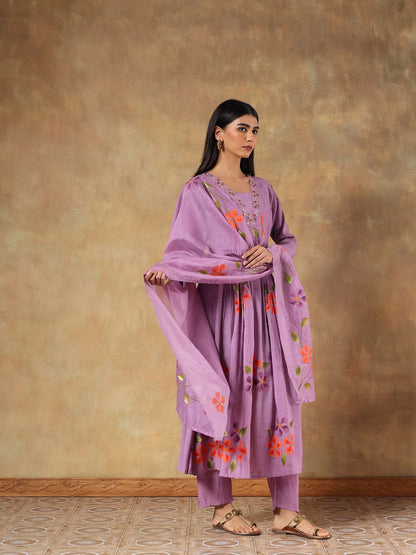 Tavisha Purple Mul Chanderi Hand-Embroidered 3-Piece Set