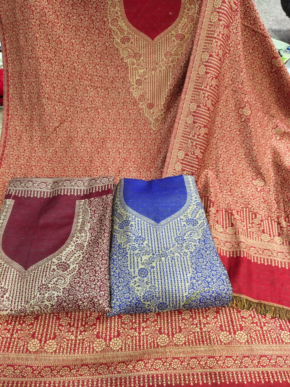 Red Blue pashmina unstitched suit set
