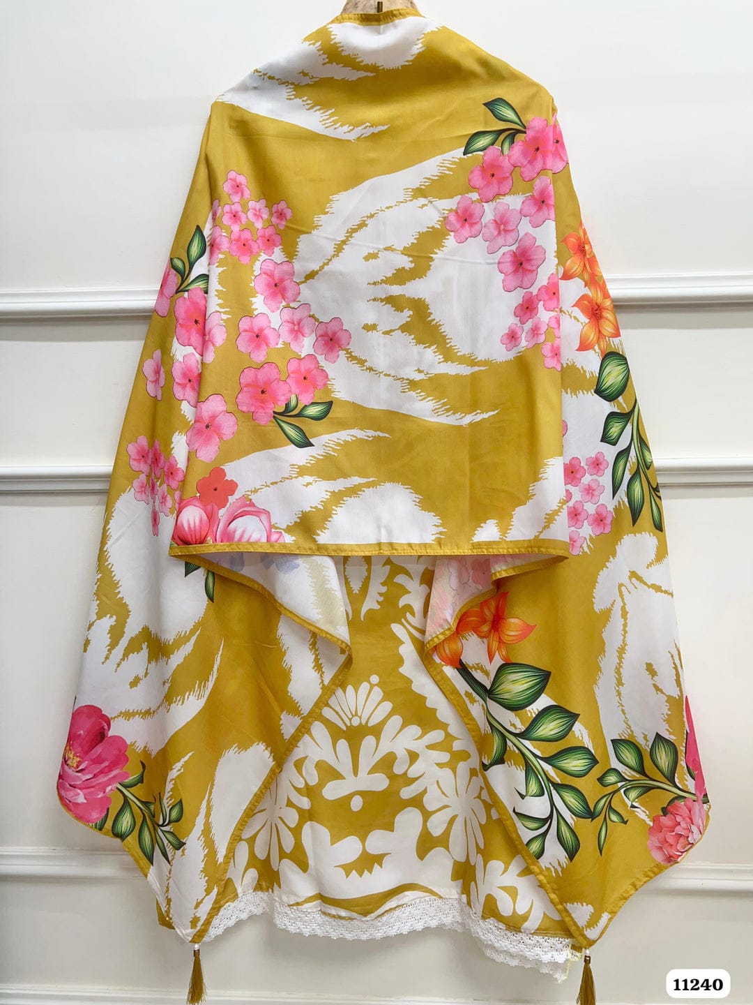 Yellow muslin semi stitched crocia &amp; pearl
