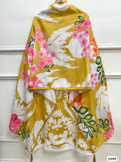 Yellow muslin semi stitched crocia &amp; pearl