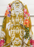 Yellow muslin semi stitched crocia &amp; pearl