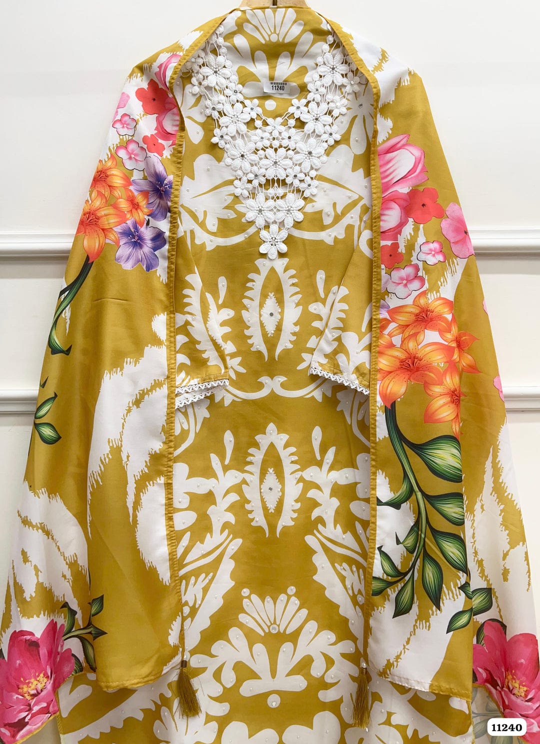 Yellow muslin semi stitched crocia &amp; pearl