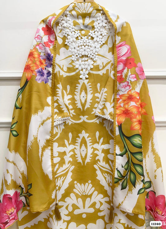 Yellow muslin semi stitched crocia &amp; pearl