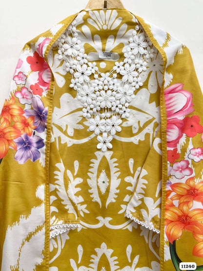Yellow muslin semi stitched crocia &amp; pearl