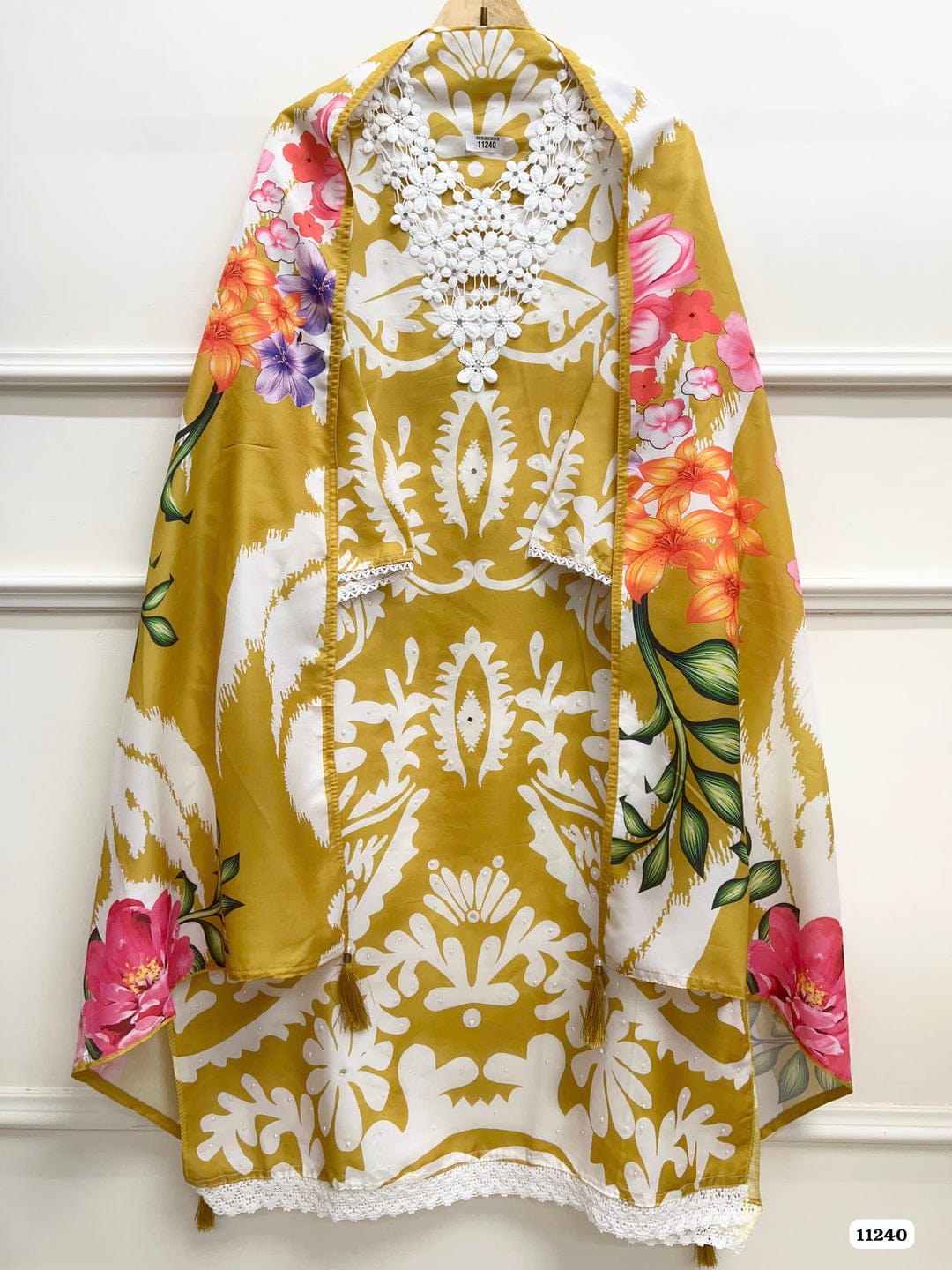 Yellow muslin semi stitched crocia & pearl