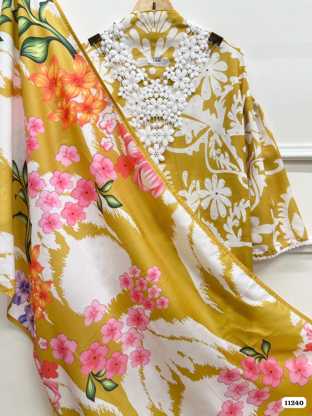 Yellow muslin semi stitched crocia & pearl