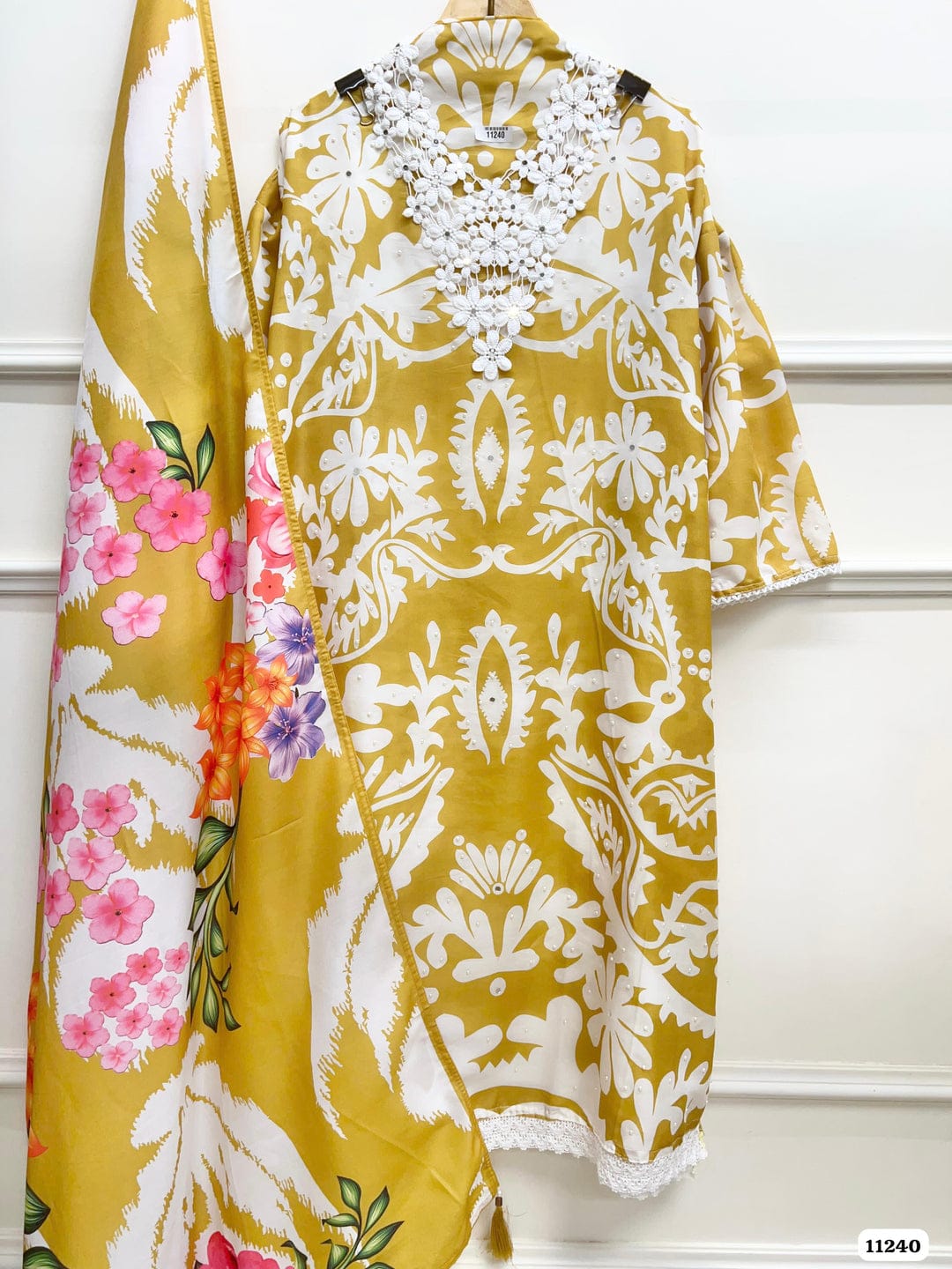 Yellow muslin semi stitched crocia &amp; pearl