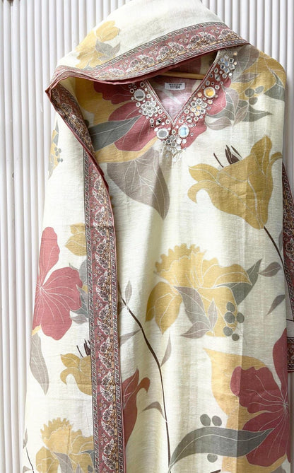 White Mul chanderi printed unstitched hand embroidered