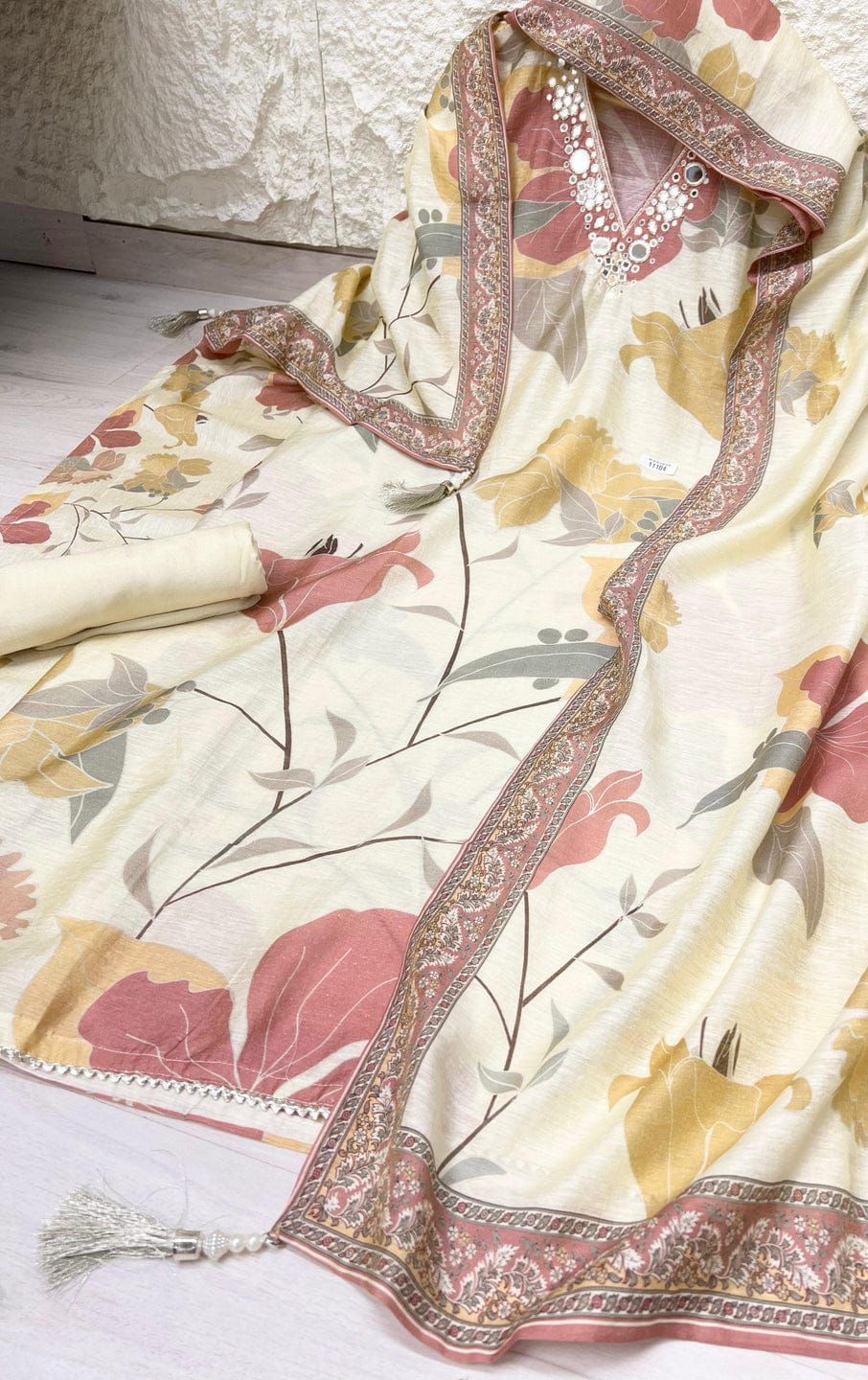 White Mul chanderi printed unstitched hand embroidered