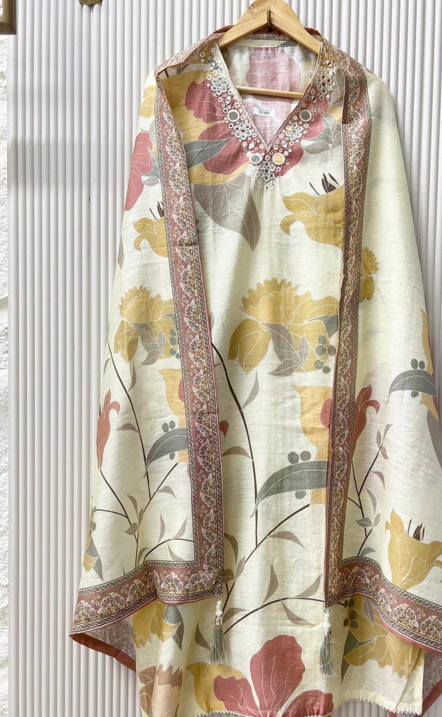 White Mul chanderi printed unstitched hand embroidered