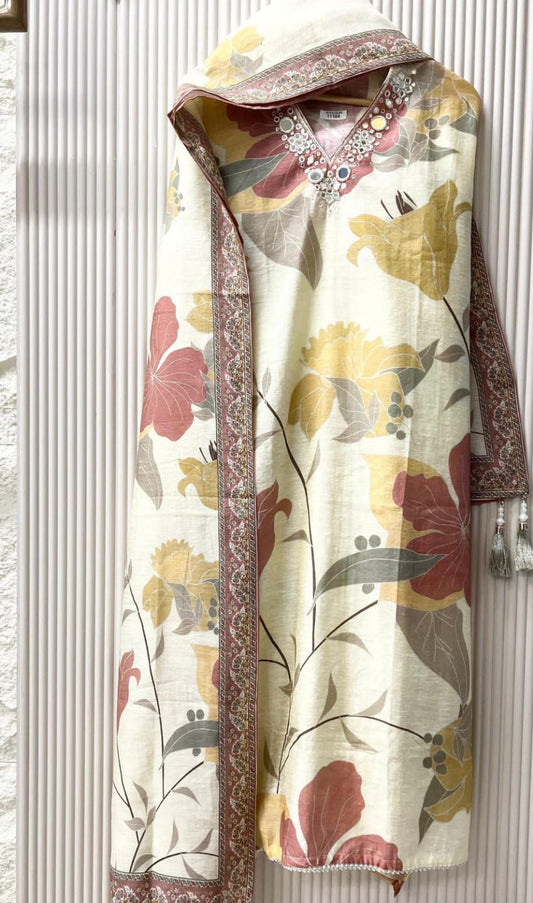 White Mul chanderi printed unstitched hand embroidered