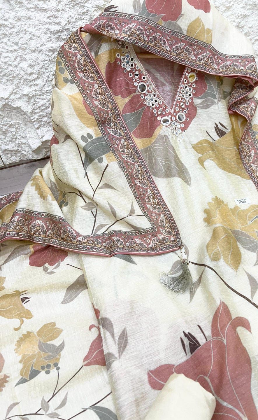 White Mul chanderi printed unstitched hand embroidered