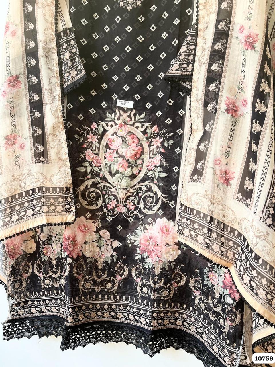 Black White Mirror Work Unstitched Suit Set
