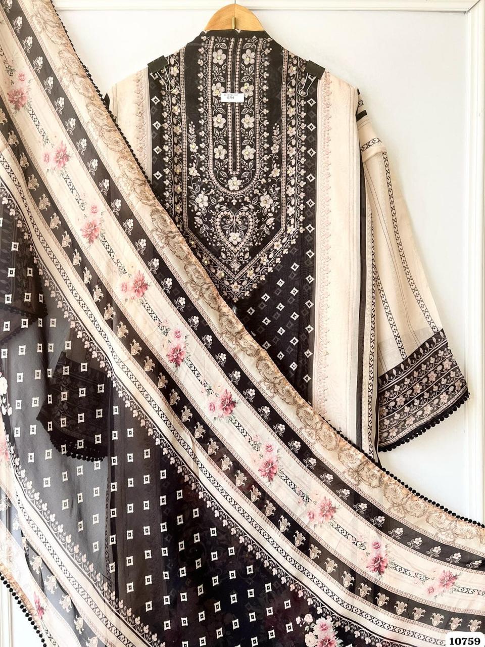 Black White Mirror Work Unstitched Suit Set