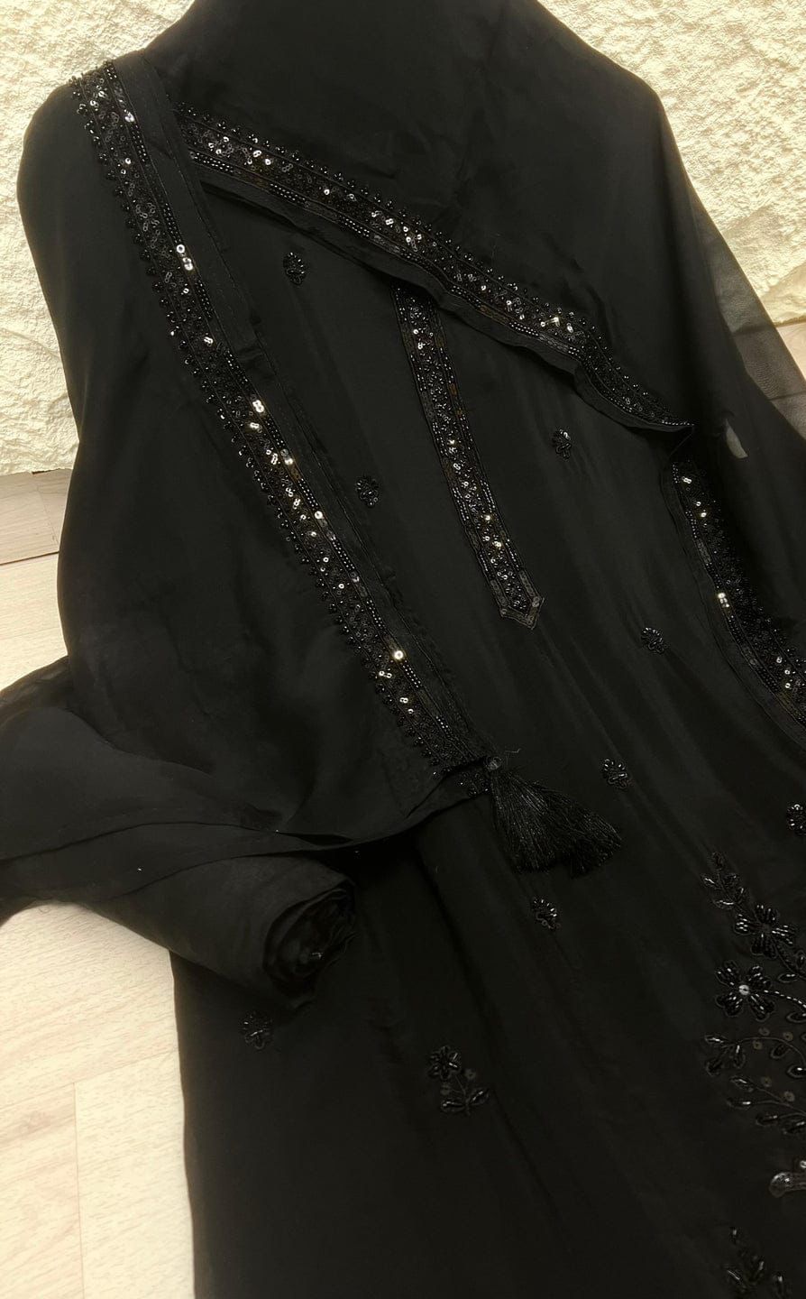 Black Organza Hand-Embroidered Unstitched 3-Piece Suit