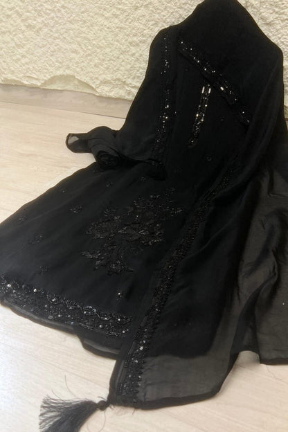 Black Organza Hand-Embroidered Unstitched 3-Piece Suit