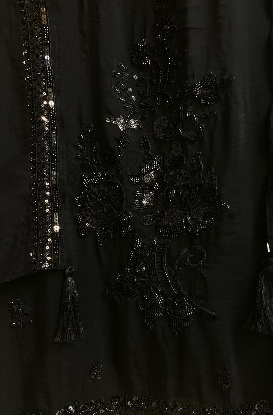 Black Organza Hand-Embroidered Unstitched 3-Piece Suit