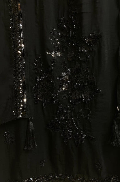 Black Organza Hand-Embroidered Unstitched 3-Piece Suit