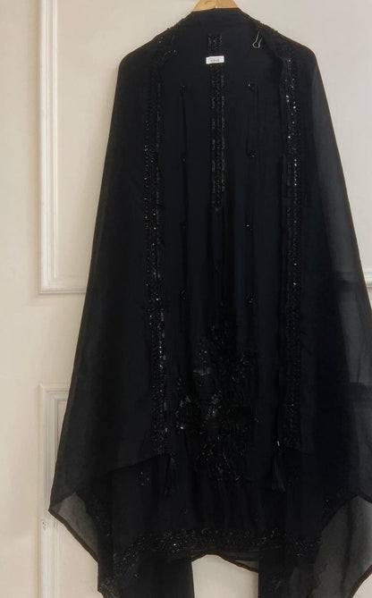 Black Organza Hand-Embroidered Unstitched 3-Piece Suit