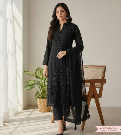 Black Organza Hand-Embroidered Unstitched 3-Piece Suit