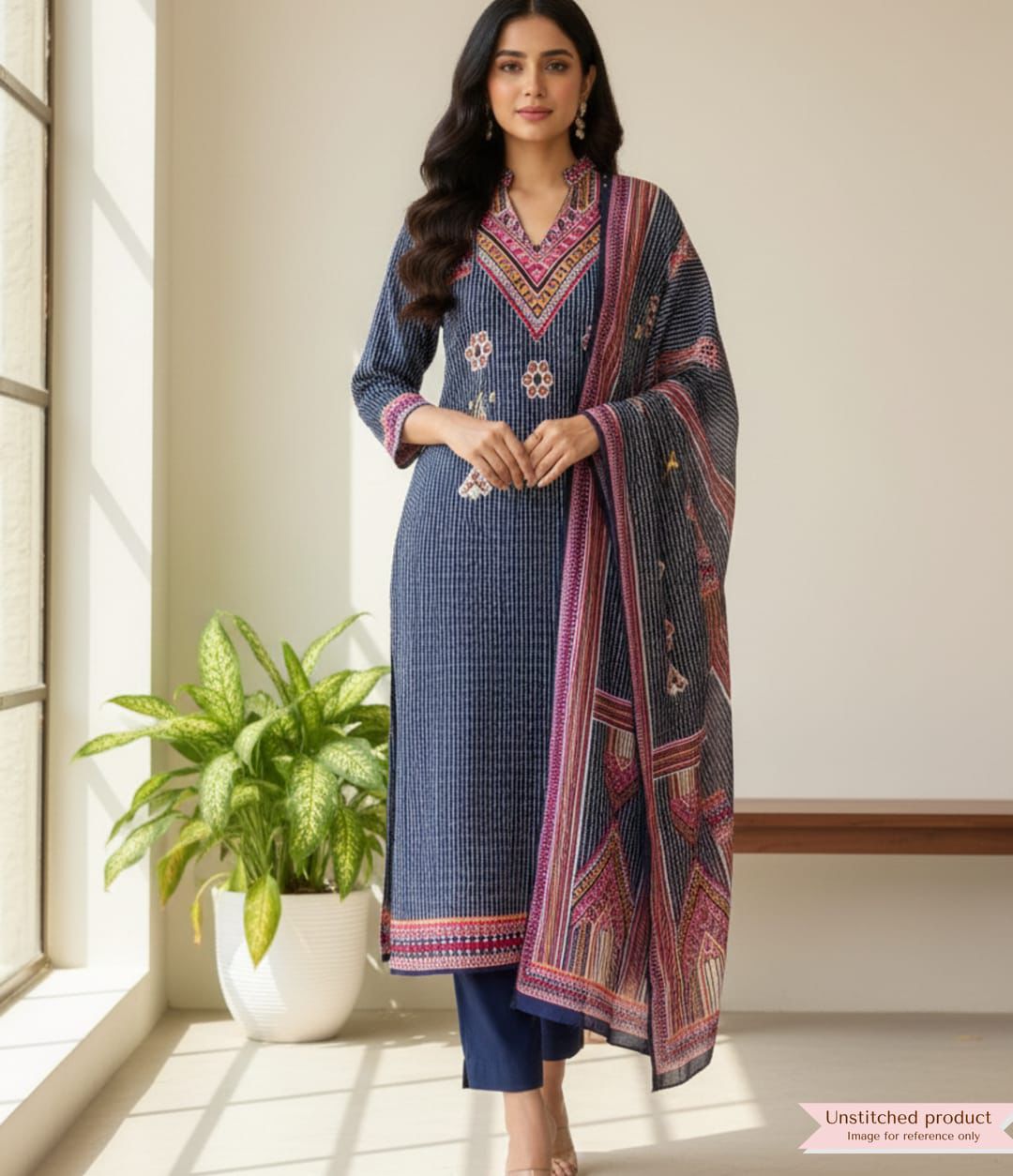 Navy Printed Muslin Unstitched 3-Piece Suit