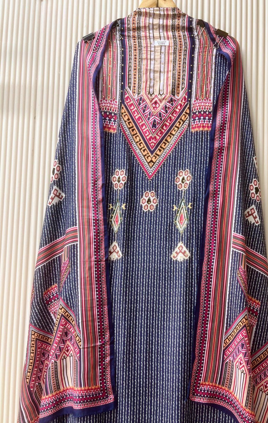 Navy Printed Muslin Unstitched 3-Piece Suit