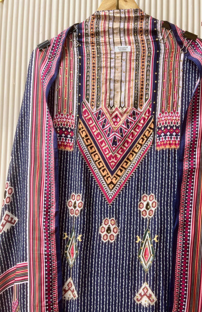 Navy Printed Muslin Unstitched 3-Piece Suit