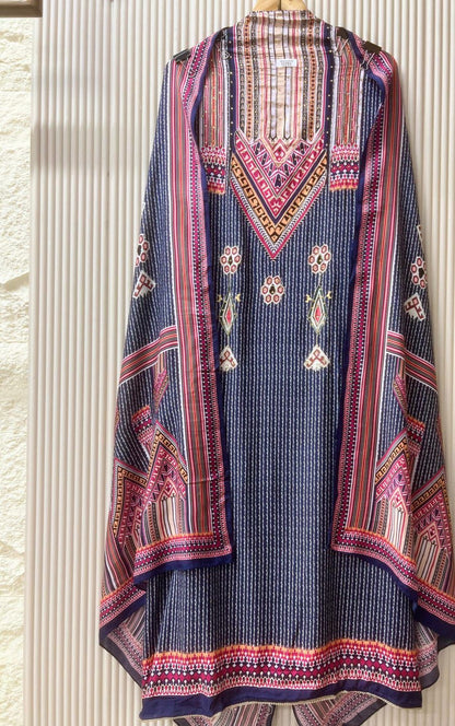 Navy Printed Muslin Unstitched 3-Piece Suit