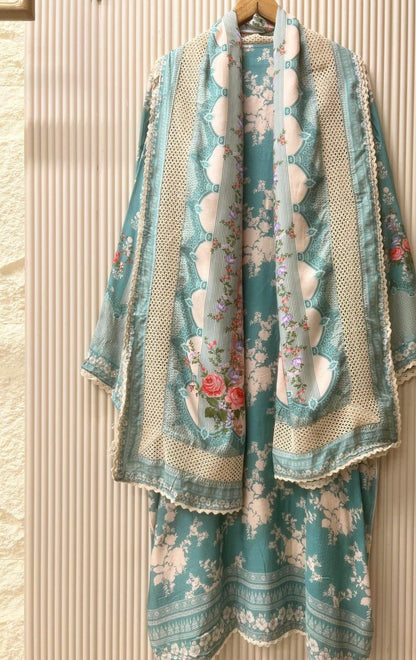 Green Muslin printed semi -stitched