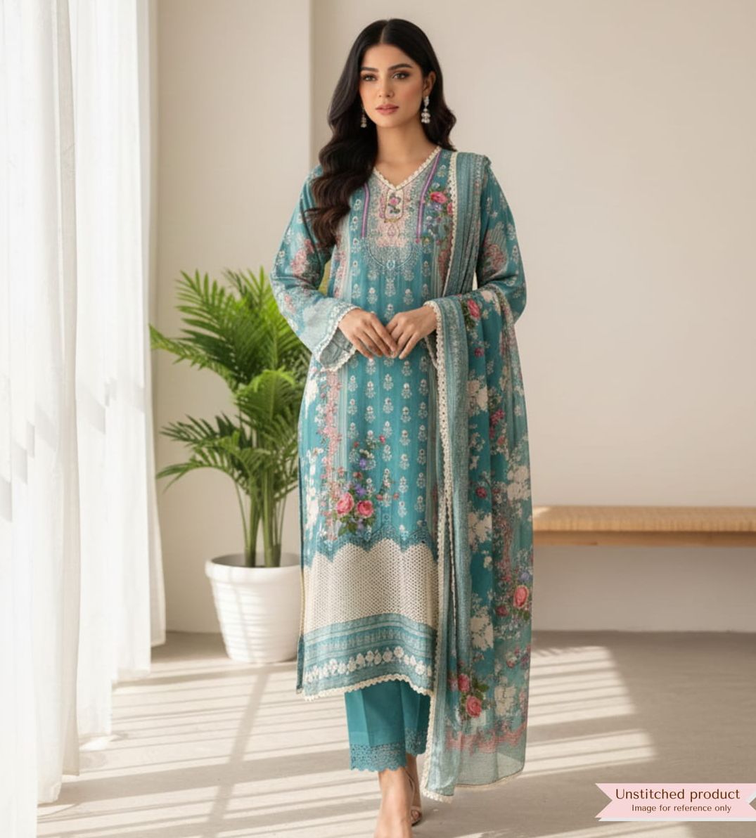 Green Muslin printed semi -stitched
