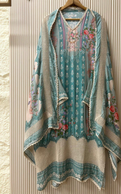Green Muslin printed semi -stitched