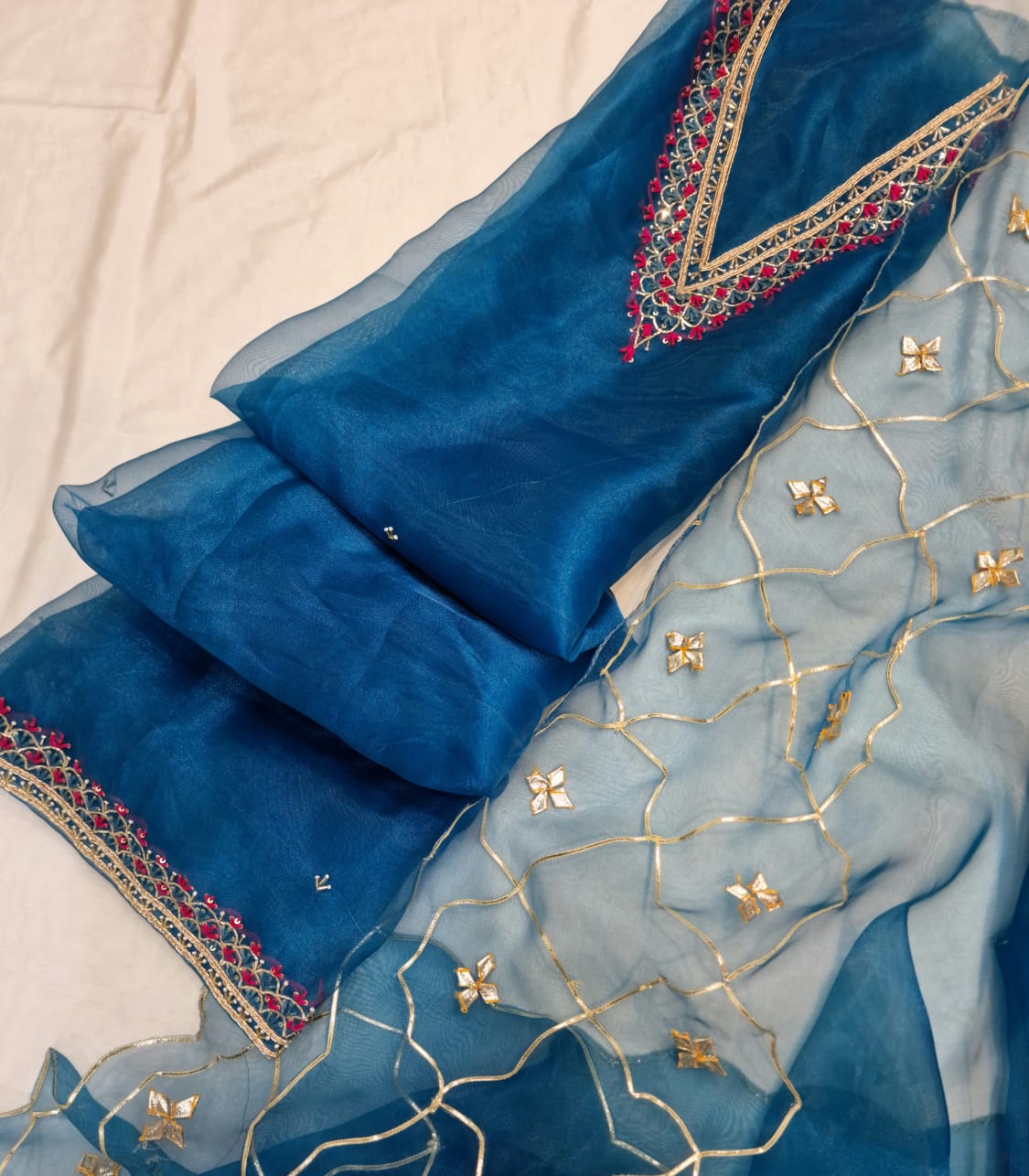 Red Pink Blue Organza Unstitched Suit Set