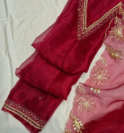 Red Pink Blue Organza Unstitched Suit Set