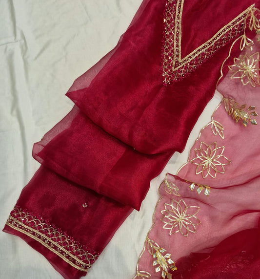 Red Pink Blue Organza Unstitched Suit Set